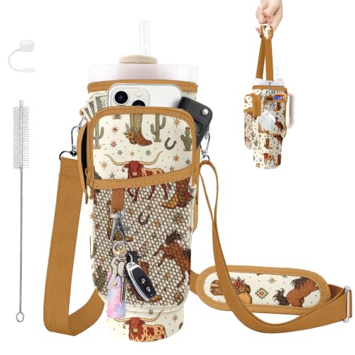 Water Bottle Carrier Bag for Stanley Cup 40/30oz, Neoprene Water Bottle Holder Pouch with 3 Pocket Adjustable Shoulder & Hand Strap - color: Cowboy Rodeo