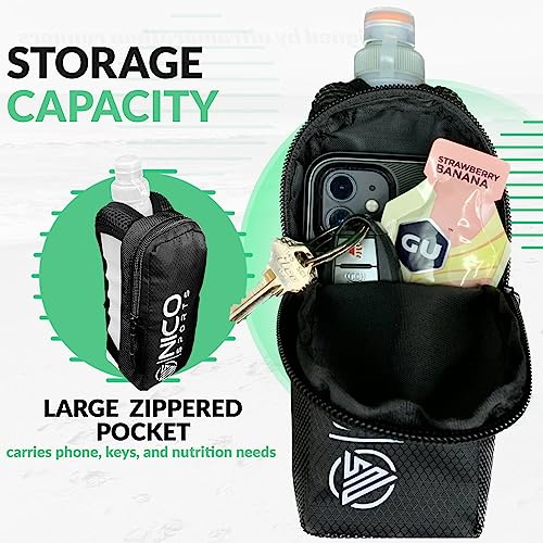 HydroBlast Handheld Running Water Bottle 12 oz of Quick Hydration for Long Distance Running with Large Storage Holder for Phone