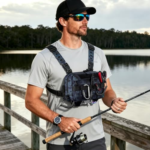 Outdoor Chest Bag for Men, Water-Resistant Fishing Chest Pack, Tactical Vest for Running, Cycling, Hiking - color: Blue Camo