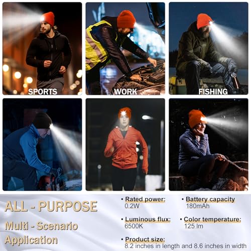 Beanie with Light, Unisex Hat with Light, 3 Modes Rechargeable Headlamp Beanie, Removable LED Flashlight Hat for Running, Camping, Hunting, Cycling, Night Activities, Gifts for Men & Women (Orange)