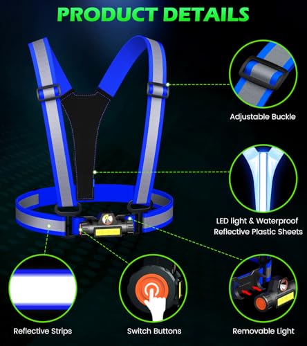 Running Lights for Runners,90°Adjustable LED Reflective Vest Running Gear,Rechargeable Chest Light Up Running Vest Night Walking Safety Gear for Night Walking/Cycling/Jogging - color: Blue