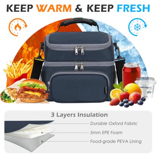 FlowFly Double Layer Cooler Insulated Lunch Bag Adult Lunch Box Large Tote Bag for Men, Women, With Adjustable Strap,Front Pocket and Dual Large Mesh Side Pockets - color: Cyan