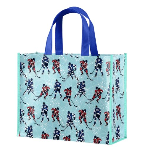 WRAPAHOLIC Large Reusable Ice Hockey Gift Bag with Handles - 10 x 5 x 13 inch - Blue Ice Hockey Player Winter Sports Gift Bags for Birthday, Sports Party, Team Celebration