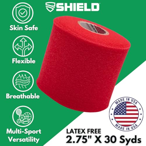 Shield Athletic Underwrap | 2 Roll Pack of PreWrap, Hair Tie, Headband, USA Made, Pre-Wrap Athletic Tape, 2.75" X 30 SYards, Foam Barrier, Flexible, Breathable - color: Red