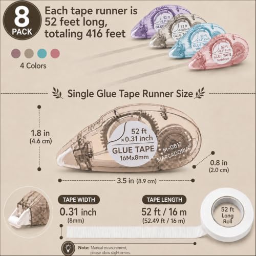 MARCADORUS Double Sided Tape Roller, Scrapbook Tape Runner Extra Long 52Ft - size: 52.5 Ft x 0.31 In : 8 Pack