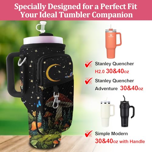 Stanley Carrier Bag for Stanley 40oz/30ozTumbler with Phone with 2 Adjustable Strap,3 Pockets Bottle Stanley Cup Carrier Bag & Case,Accessories for Hiking Travelling - color: Black Mushroom
