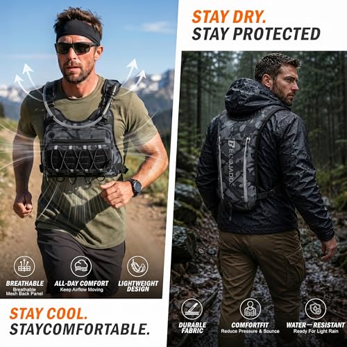 BECOJADDE Running Vest for Men with 2L Water Bladder Tactical Hydration Backpack Adjustable Lightweight Chest Pack for Marathon Hunting Cycling - color: Urban Camo