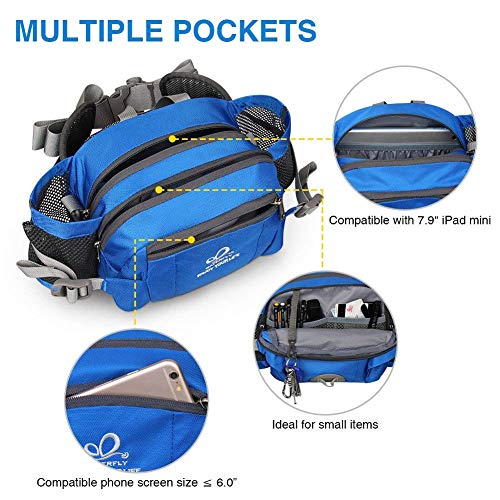 WATERFLY Fanny Pack Waist Bag: Fannie Pack 2 Water Bottle Holders Lumbar Belt Hiking Walking Running Jogging Camping Large Woman Man (Bottle Not Included) - color: Blue