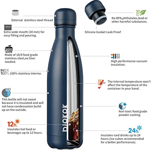 BJPKPK 17 oz Insulated Water Bottle, Stainless Steel Flask, Leak Proof - color: A-Navy blue, size: 17 Ounces