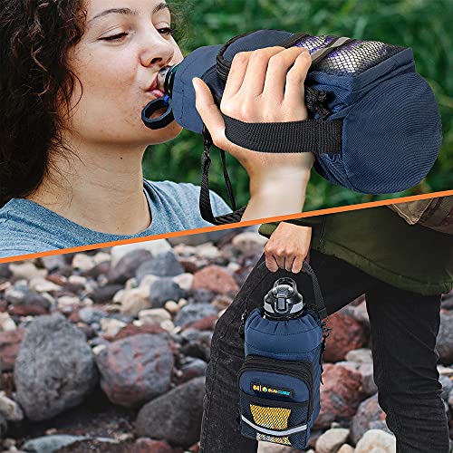 SUN CUBE Insulated Water Bottle Carrier Bag with Strap, Crossbody Sling - color: Navy, size: 64 oz
