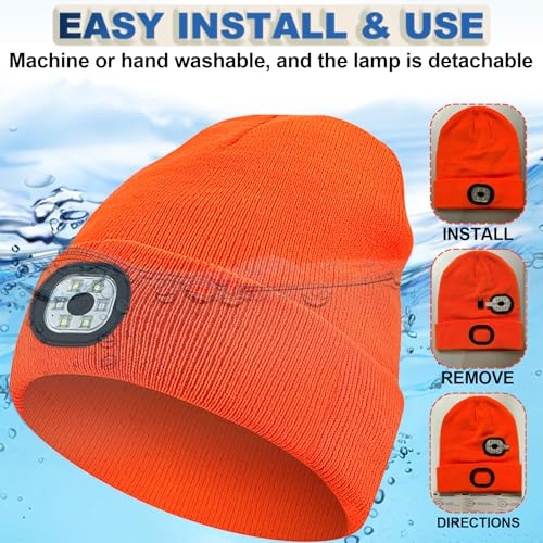 Beanie with Light, Unisex Hat with Light, 3 Modes Rechargeable Headlamp Beanie, Removable LED Flashlight Hat for Running, Camping, Hunting, Cycling, Night Activities, Gifts for Men & Women (Orange)