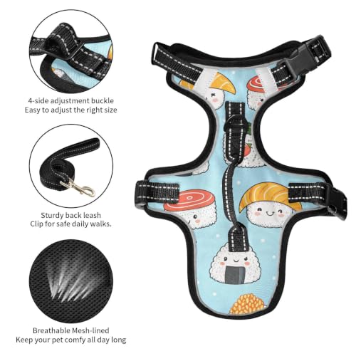 Kawaii Sushi Dog/Cat Harness, Reflective No-Pull Pet Harness with 2 Leash Clips, Fully Adjustable Soft Padded Dog Vest, No-Choke Pet Oxford Vest - color: Kawaii Sushi, size: S
