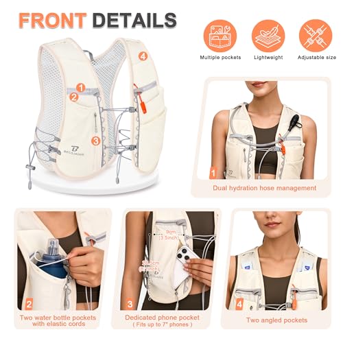 BECOJADDE 5L Running Vest for Women, Hydration Backpack Lightweight & Breathable for Trail Running, Marathon, Hiking, Cycling - color: Beige