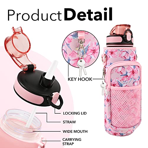 32 oz Water Bottles with Strap & Straw, Sport Motivational Water Bottles - color: Pink Peach Blossoms