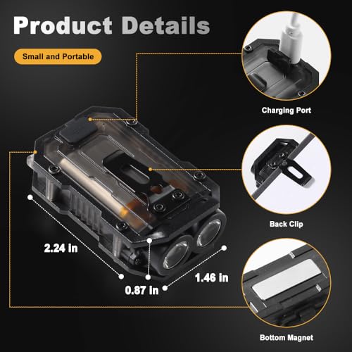 Mini EDC Flashlight, Small Powerful Keychain Flashlight with Sidelight, High Lumens 800lm, USB-C Rechargeable, Keychain Light with Clip - 8 Mode, IPX4 Waterproof, for Hiking, Running, Black