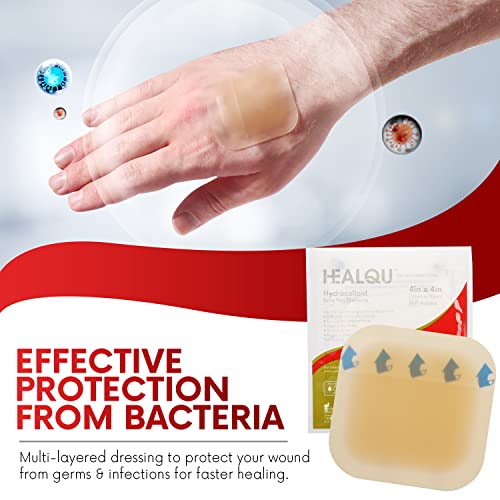 Healqu Hydrocolloid Wound Dressing - 4x4 Thin - Box of 10 Large Bandages - Sterilized Bordered Hydrocolloid Patches for Bed Sores, Abrasions, and More - Waterproof and Absorbent with Protective - size: 4x4" Thin - Box of 10