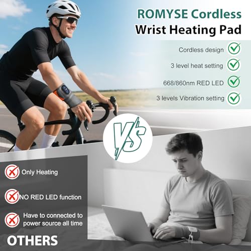 Cordless Wrist Heating Pad with Massage, Red Light Heated Wrist Brace for Pain Relief, Rechargeable Heated Wrist Brace for Carpal Tunnel, Women and Men Wrist, Hand, Arm, Ankle