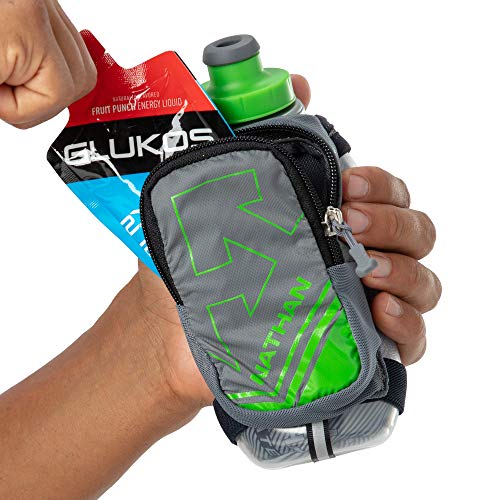 Nathan Insulated Handheld Flask.SpeedShot-Plus.Grip Free Running Bottle.,Grey / Green