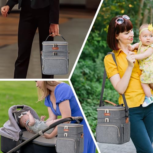 Breastmilk Cooler Bag with Ice Pack Fits 6 Baby Bottles Up to 9 Ounce, Double Deck Leak-Proof Baby Bottles Bag with Shoulder Strap for Nursing & Working Mom, - color: Grey with pocket