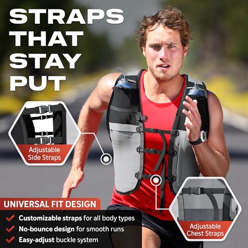 TakaFiTrail Running Hydration Vest Men - Breathable Trail Running Hydration Vest w/ 2 Water Bottles, Bladder Pouch, Ice Pack for Runners - Reflective Marathon Gear Jogging Backpack for Hiking