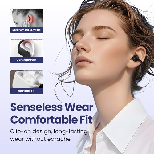 Clip On Earbuds, Open Ear Wireless Bluetooth 5.4 Headphones, Mic, Black