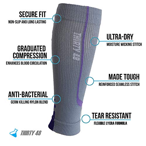 Thirty48 Graduated Calf Compression Sleeves 15-20 OR 20-30 mmHg | Maximize Fast Recovery by Increasing Oxygen to Muscles - color: [1 Pair] Purple, size: Small