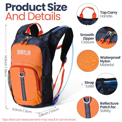 Shinylin Kids Hydration Backpack with 1.5L Water Bladder Hiking Backpack Lightweight for Boys or Girls Children Biking Climbing Running Cycling - color: Orange, style: Classic