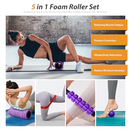 SUBCULTUREPICK 5 in 1 Foam Roller Set for Deep Tissue Muscle Massage - color: Purple