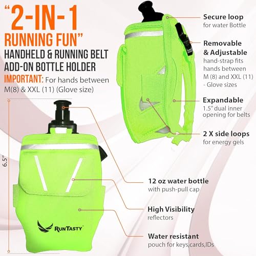 2-in-1 Running Fun: Handheld 12 Oz Water Bottle & Running Belt Add-On. No-Grip Design Straps on Hand & Slides on Belt. Waterproof Pocket for Money, Keys. Maximize Time, Freedom & Health - color: Electric Lime