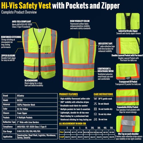 JKSafety Safety Vest for men women Hi Vis Vest with Pockets and Zipper High Visibility Reflective Vests BX320 - color: Yellow, size: 4X-Large