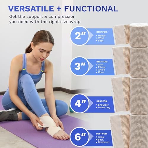 6" Elastic Bandage Wrap with Self-Closure, 2-Pack – 15 ft Stretched – Latex-Free, Reusable, Washable – Compression Support for Sprains, Injuries, Swelling, Sports Recovery - size: 6"