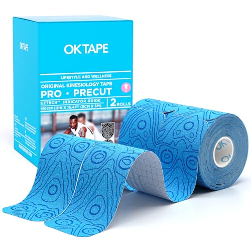 OK TAPE Kinesiology Tape PRO Pre-Cut Latex Free Strips 2in x 16.4ft 2Rolls - color: Dark Blue + Light Blue
