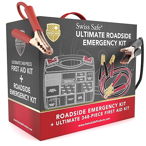 Swiss Safe 2-in-1 378-Pcs Car First Aid Kit, Jumper Cables, Essentials