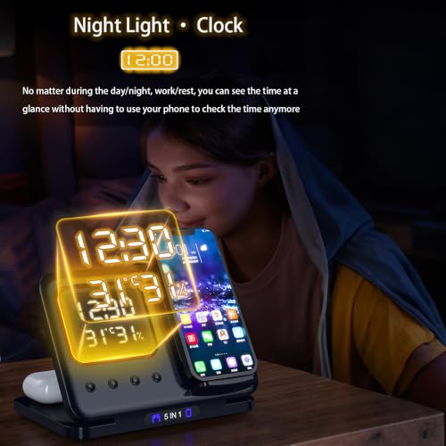 IHAO 5in1 Multi Functional Wireless Charging Station Digital Clock 15W Fast Charging Temperature Display Wireless Charger for All Qi Phone and TWS Headphone Compliant with Apple Watch-DH15 White - color: 5IN1 Wireless Charger Alarm Clock DH15 White