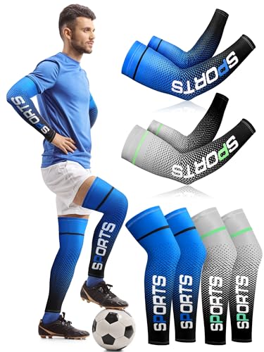 Newcotte 4 Pairs Sports Protection UV Leg Sleeves and Arm Sleeves Cooling Arm Cover Compression Sleeves for Summer Men Women Basketball Football Running Cycling and Other Sports
