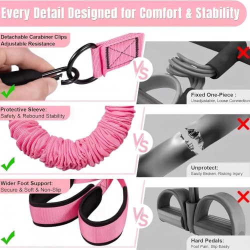3-Tube Adjustable Pedal Resistance Band (30-90LBS) Home Workout, Pink