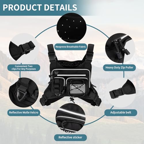Tactical Breathable Chest Bag, Multi-functional Running Vest, Featuring Reflective Zipper Pocket and Flag Patch, Adjustable Straps, for Night Running, Hiking, Cycling and Fitness Use (Black)
