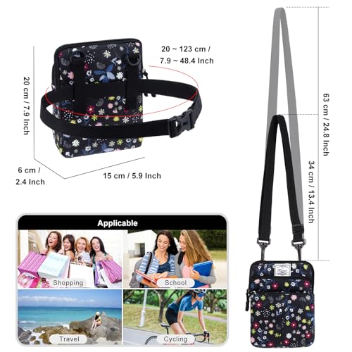 KAMO Multifunction Phone Waist Bag - One Shoulder Diagonal Cross Smart Case - Triple Zip Hipster Crossbody Purse for Women & Men - Outdoor - color: Black-Mixed flowers