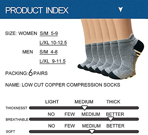 Sooverki Copper Compression Socks Women and Men 6 Pairs - Circulation Arch Support Plantar Fasciitis Running Ankle Socks - color: A1 - No Show 6 White, size: Large-X-Large
