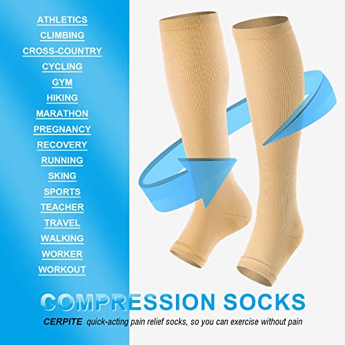 Toeless Compression Socks 15-20 mmHg, 2 Pairs open toe Knee High Support - color: B - Beige, size: Small-Medium