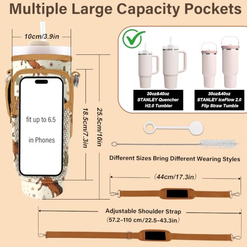 Water Bottle Carrier Bag for Stanley Cup 40/30oz, Neoprene Water Bottle Holder Pouch with 3 Pocket Adjustable Shoulder & Hand Strap - color: Cowboy Rodeo