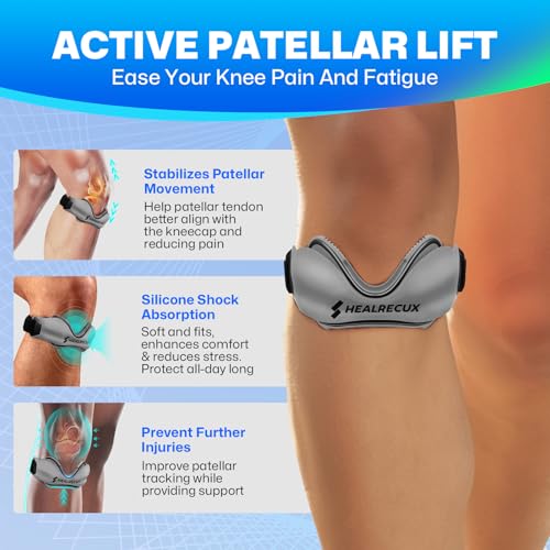Healrecux Patellar Tendon Support Strap, Silicone Patella Knee Strap, Non-Slip Patella Stabilizer Knee Band for Jumpers Knee, Tendonitis, Basketball, Volleyball, Squats - Dark Gray 2 Pack - color: Gray