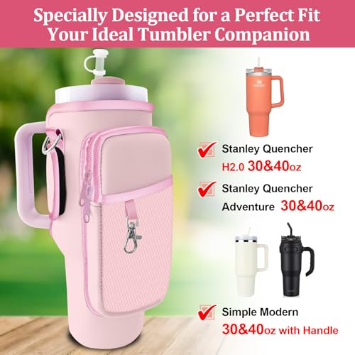 Stanley Carrier Bag for Stanley 40oz/30ozTumbler with Phone with 2 Adjustable Strap,3 Pockets Bottle Stanley Cup Carrier Bag & Case,Accessories for Hiking Travelling - color: Pink
