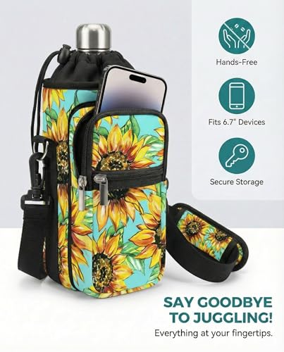 AUPET Water Bottle Sling Bag Sleeve Holder Carrier 25/32/40/64 oz,Insulated Crossbody Water Bottle Case Cover with Strap and Pockets for Men/Women Walking Hiking - color: Sunflower Green background, size: 40oz