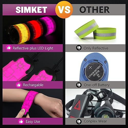 Simket Reflective LED Armband Rechargeable for Running(4 Pack), Running Lights for Runners, Running Lights, High Visibility Reflective Running Gear Adjustable Light Up Arm Bands for Men Women Kids