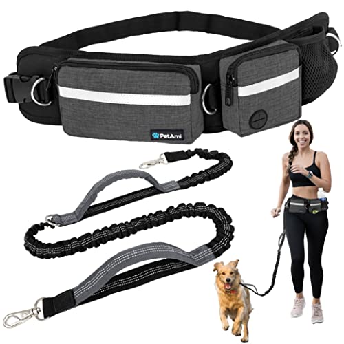 PetAmi Hands Free Dog Leash with Waist Running Belt Bag, Single (Charcoal) - color: Charcoal Grey, size: 1 Leash