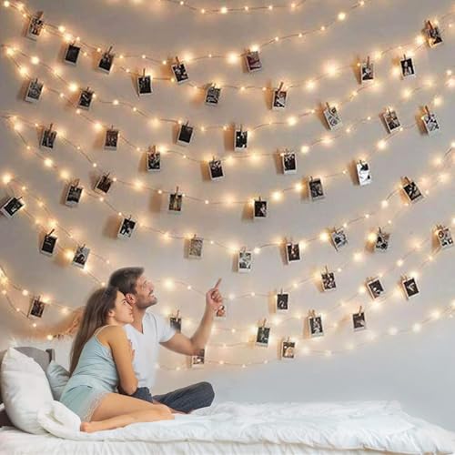 Photo Clip String Light, 33Ft 100LED Battery Fairy Lights with 50 Clips - color: Warm White