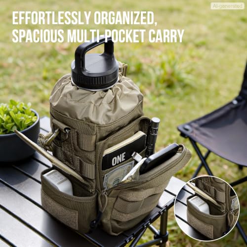 ONETIGRIS Tactical MOLLE Water Bottle Holder 40-64oz with Phone Pocket - color: Brown