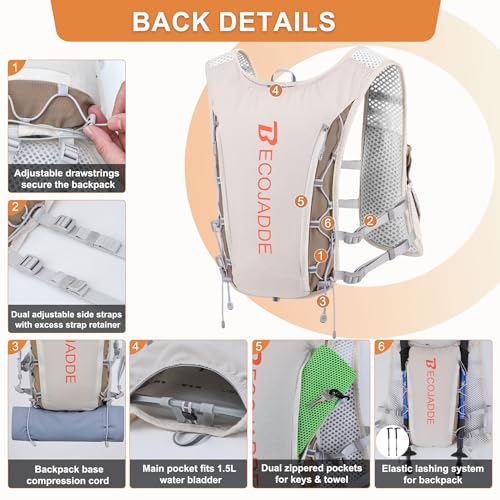 BECOJADDE Running Vest for Women Men, 5L/6L Lightweight Hydration Backpack Running Pack for Marathon, Trail, Cycling, Hiking, Jogging - color: Khaki