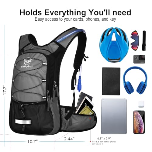 Mothybot Insulated Hydration Backpack Pack with 3L BPA Free Leak Proof Water Bladder, Large Storage Lightweight Hiking Daypack with Waist Pouches & Cooler Layer, for Running, Biking, Camping, Festival - color: Grey